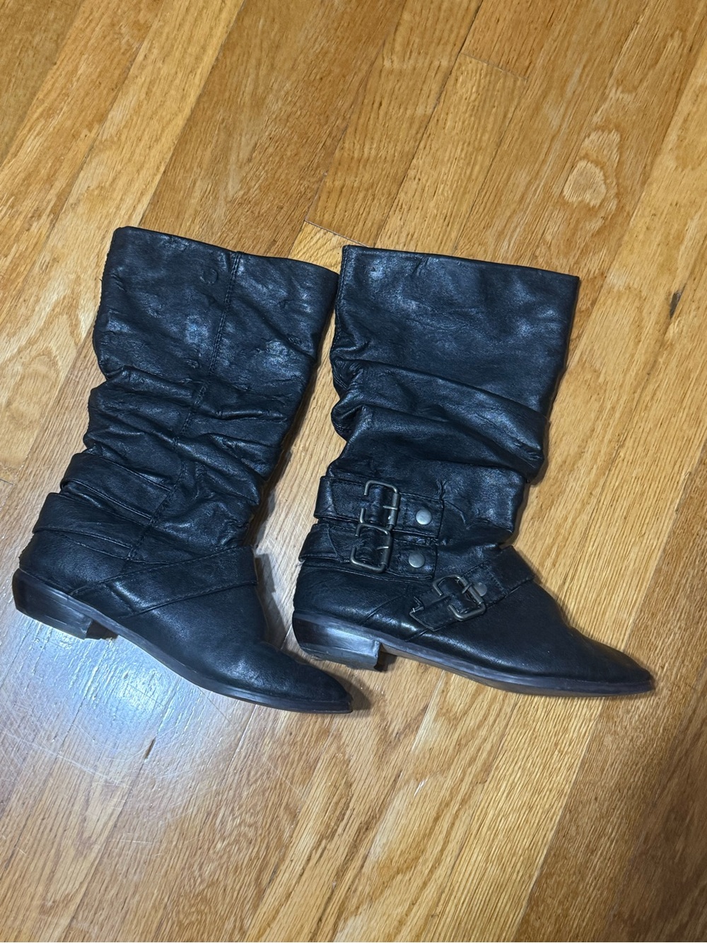 Black Slouchy Buckle Mid-Calf Women's Boots